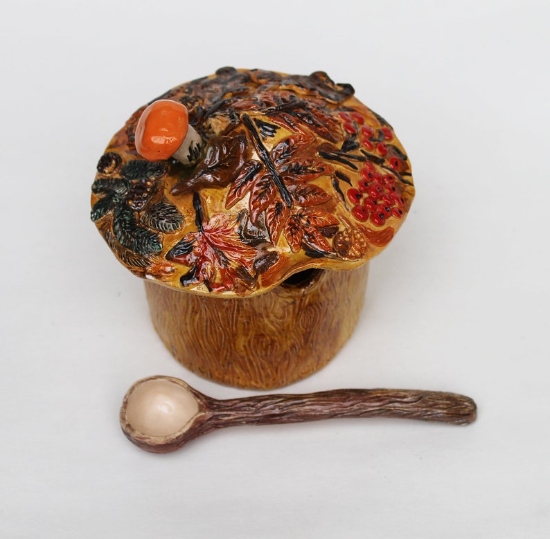 Ceramic Sugar Jar with Spoon Mushroom pottery sugar bowl Etsy