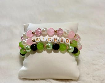 Handmade Beaded "Wicked" Bracelet Stack, Elphaba and Glinda Inspired, Set of 3