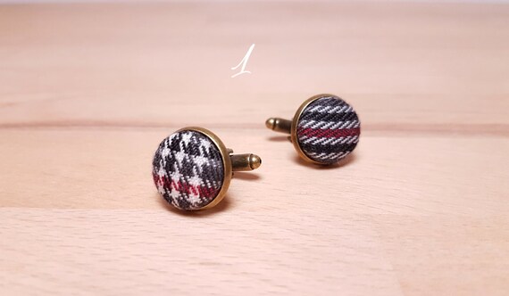scottish cufflink gold bronze and silver Camel tartan cufflinks wedding accessories black red and light brown fabric cuff links