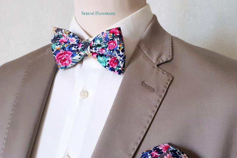 blue aquamarine and pink flowers fantasy groom bow tie gift for him self tie bow tie or pre tied bow tie men bow tie Floral bow tie