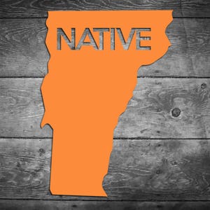 May include: An orange silhouette of the state of Vermont with the word "NATIVE" cut out of the shape.