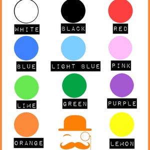 May include: A colorful graphic featuring twelve circles in various colors, each labeled with its corresponding color name in a black rectangle. Colors include white, black, red, blue, light blue, pink, lime, green, purple, orange, and yellow. An orange cartoon gentleman is at the bottom.