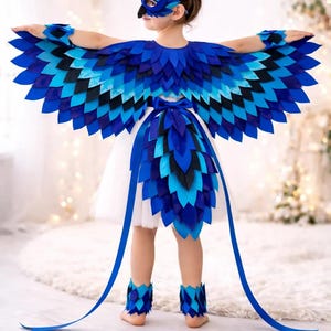 Può includere: Un costume da uccello per bambini con ali di piume blu e nere, una maschera e scaldamuscoli. Il costume include un vestito bianco ed è di FunkidsandUs Boutique.