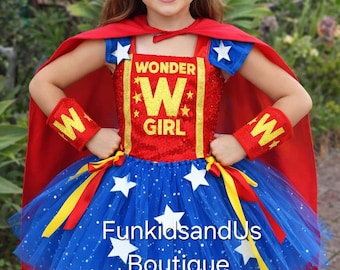 Wonder Girl Inspired Costume- Red Blue Wonder Girl Superhero Tutu Costume with Cape, wristband & Crown - Superhero Princess Tutu Dress