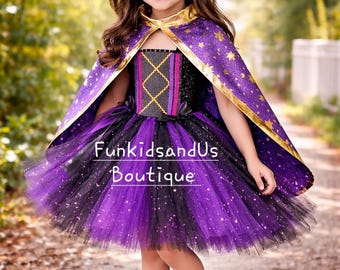 Sparkle Purple Black witch Costume - Girls Purple Dress Up  Costume with Star Cape & Hat- Handmade  Tutu Dress