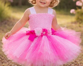 Vestido de tutú rosa brillante para niñas – Traje de cumpleaños rosa bebé – Vestido para fiesta de cumpleaños infantil