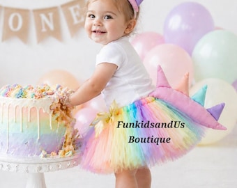 Rainbow Dinosaur Tutu Skirt with Tail - aby Girl First Birthday Outfit