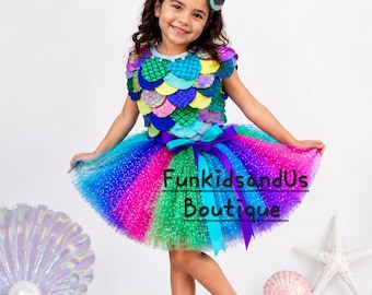 Rainbow Fish sparkle  Costume: Sequin Tulle Tutu, Headband, Felt Tail