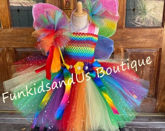 Rainbow  Fairy Tutu Dress - Fairy Tutu Dress with wings - Glittery Rainbow Dress - Rainbow tutu dress