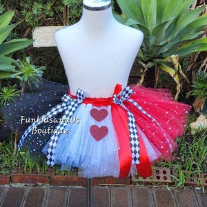 Jupe fille reine de coeur scintillante - jupe tutu fille colorée avec coeurs et rubans à carreaux - tenue reine de coeur-