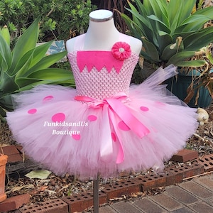 Pink Dinosaur  Princess Tutu Dress  with tail for Girls – Dino-Themed Pink Tutu Dress – Birthday Outfit with Polka Dots and Tail