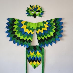 Green, Blue, Yellow Feathered Bird Costume- Colorful Parrot Bird Costume with  Wings and Mask - Parrot Wings and Mask