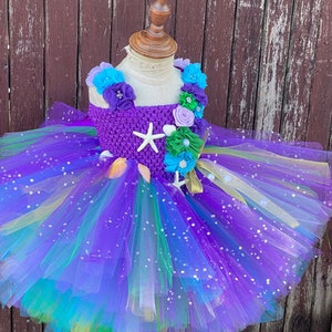 Mermaid Tutu Dress for Girls – Purple Aqua Rainbow Costume with Starfish – Under the Sea Birthday Outfit  –ocean themed birthday outfit