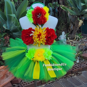 Hawaiian Hula Tutu Outfit – Toddler Luau Birthday Dress –Green Yellow Tropical Flower Tutu Dress –Luau Theme  Outfit for Girls