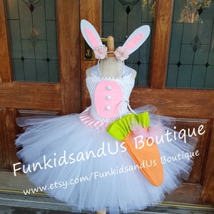 Bunny Tutu Costume for Girls – White Easter Bunny Dress with Ears and Carrot Bag – Toddler Rabbit Outfit for Easter or Birthday Party