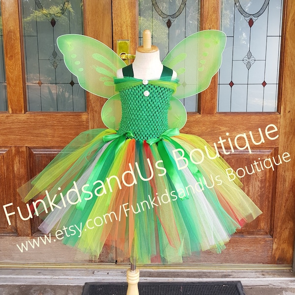 Woodland fairy Tutu Dress-with wings -  Fairy birthday , Girl dress-up play,  Knee length tutu dress - Green Fairy