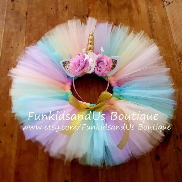 Pastel Rainbow Outfit- Rainbow Tutu- Pastel Rainbow Skirt- Unicorn skirt with Unicorn Horn Flower Headband