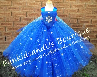 Abito in tulle glitterato blu reale: mantello con fiocco di neve, abito invernale