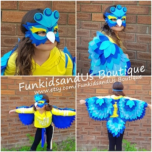 Blue Parrot Wings - Bird Wings Costume Kids  - Blue Parrot Costume -   Parrot Wings, Tail  and Mask - Bird Costume Set