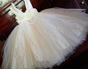 Ivory Tulle Flower Girl Dress: Lace Skirt, Floral Sash, Rustic Wedding