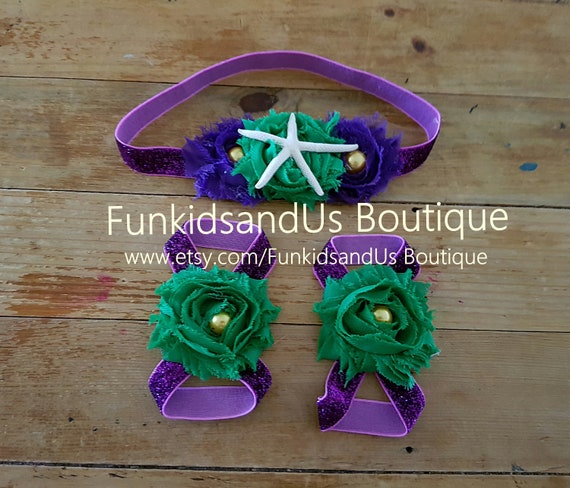 Mermaid Baby Barefoot Sandals Headband Set Purple Green and Gold Under the Sea Photo Props Barefoot and Headband Mermaid Baby Barefoot Sandals Headband Set Purple Green and Gold Under the Sea Photo Props Barefoot and Headband