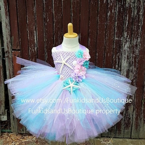 Sparkly  Pastel Mermaid Tutu Dress for Girls - Starfish Mermaid Birthday Dress in Lavender and Aqua - Girls Ocean Princess Tutu Dress