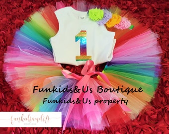 Rainbow Tutu Set- My First Rainbow Tutu  with Matching headband and Onesie - Smash cake photo prop, Newborn , Toddler, Girl First Birthday