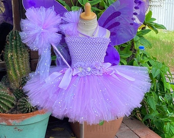 Sparkly  Lavender Fairy Tutu Dress - Fairy Tutu Dress with wings-Lavender tutu - Lavender dress -Lavender knee length dress