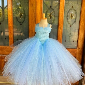 Cinderella-inspiriertes blaues Prinzessinnenkleid - funkelndes Tüllballkleid für Mädchen - Elegantes funkelndes blaues Prinzessinnenkleid - Kleinkind- Geburtstagskleid