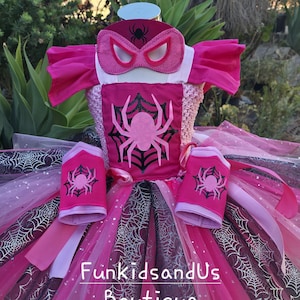 Roze spin superheldenkostuum voor meisjes - Sparkle Spidey Girl-kostuum - Gepersonaliseerde superheldjurkset afbeelding 16