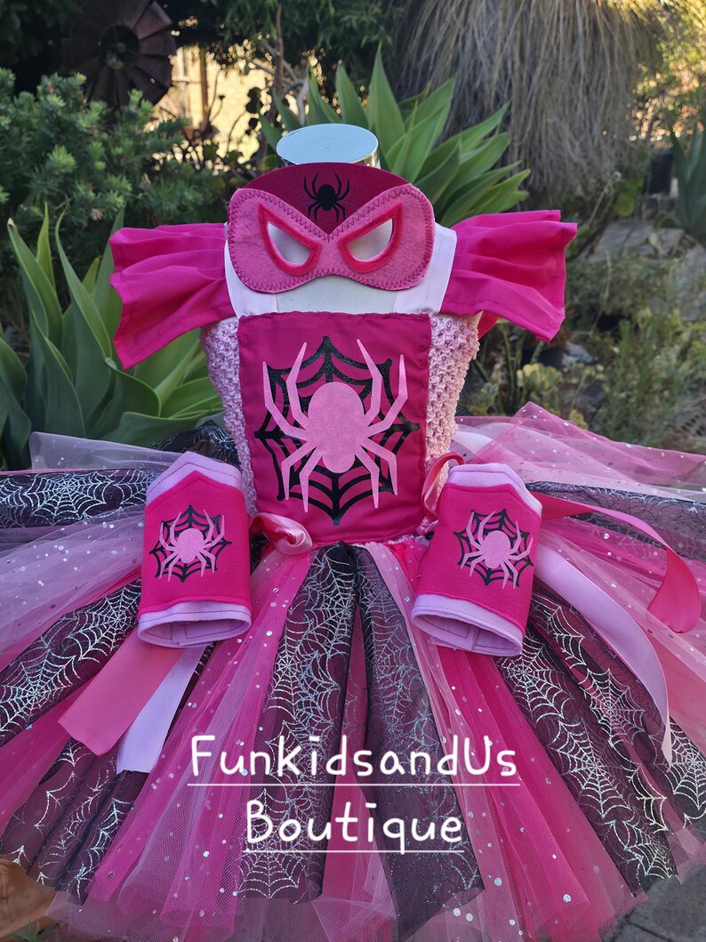 Roze spin superheldenkostuum voor meisjes - Sparkle Spidey Girl-kostuum - Gepersonaliseerde superheldjurkset afbeelding 16