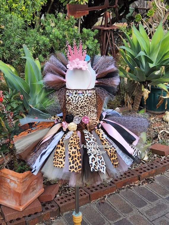Safari Princess Tutu Dress with Crown- Pink Brown Animal Print Jungle Theme Birthday Outfit- Toddler Girl Wild One Costume - Safari Dress