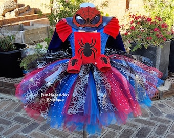 Vestido de tutú de araña para niñas - Disfraz de araña roja y azul con capa y máscara - Atrevido y heroico traje de tutú de araña para niñas pequeñas