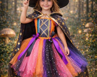 Girls' Sparkle Witch Costume: Handmade Tutu, Cape & Hat - Girls Witch Party Costume - Cute Spooky Witch Costume for Girl