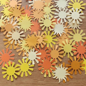 Confete Sunshine - tamanho maior de 5,45 cm, confete para usar como topo de cupcake - Confete Sunshine/sol, uso como topo de cupcake, lembrancinha de festa