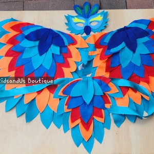 Vogel Filzflügel, Blau orange Ara Flügel, Blaue Vogel Flügel Schwanz und Vogel Maske, Blauer Vogel Kostüm für Kinder & Erwachsene, Kinder Papageienflügel