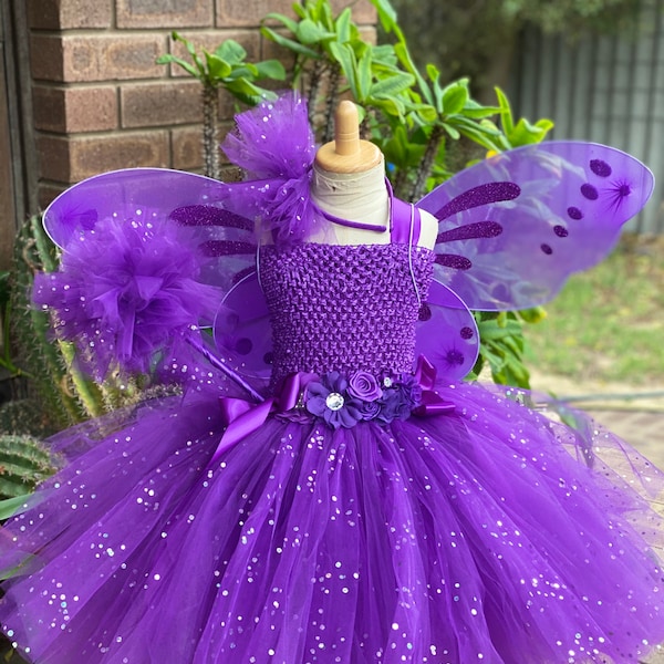 Robe Tutu de fée en tulle à pois pailletés - Robe Tutu de fée avec ailes - Costume tutu de fée violette - Robe tutu bandeau baguette et ailes