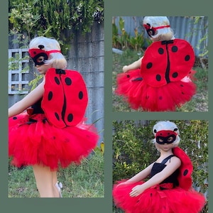 Ladybug Tutu Costume for Girls – Red and Black Bug Dress with Wings & Mask – Toddler Ladybird Outfit for Halloween or Birthday Party