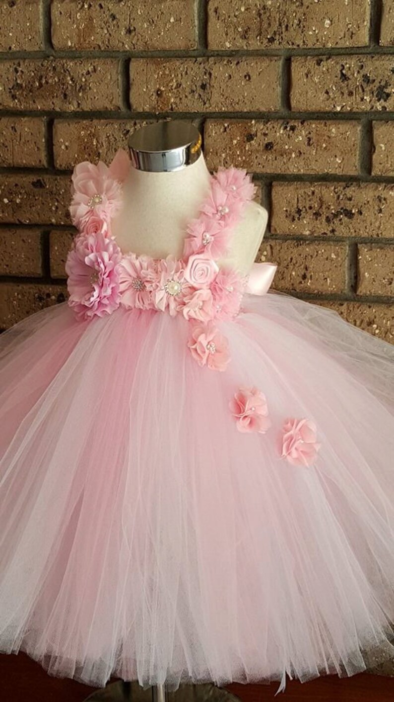 Perfectly White and Pink Flower Girl Full length Tutu Dress- Wedding Birthday Dresses-12 18 3T,4T Flower Girl Tutu Dress 24 Month 2T