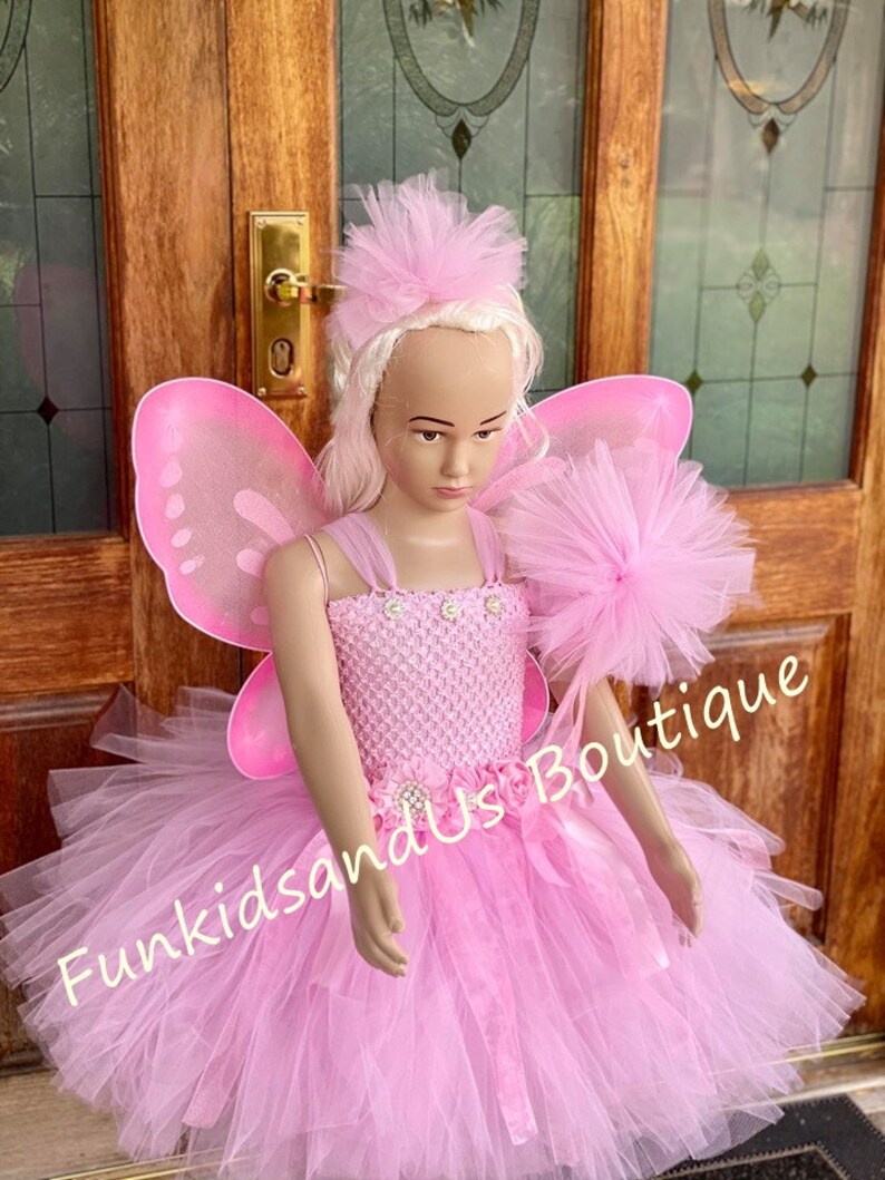 Pink Fairy Tutu Dress Fairy birthday Fairy Costume tutu , headband, wand and wings Pink Baby tutu dress knee length tutu image 5