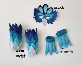 Blue Bird Costume Set for Kids - Felt Mask, Arm & Foot Accessories -  Handmade Bird Dress Up Outfit - Parrot Costume Accessories |