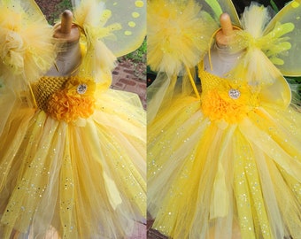 Garden Fairy Tutu Dress- Fairy Flower girl Dress  - Yellow Fairy  - Fairy dress, wand and wings- yellow tutudress