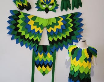 Bright Green Blue Yellow Bird Costume- Tropical Bird Costume for Kids – Carnival, Halloween & Party Outfit - Bird Wings Mask Play Set