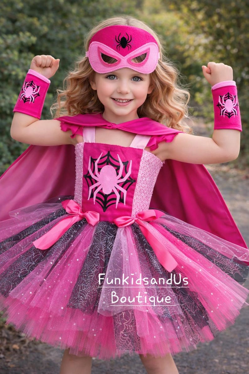 Roze spin superheldenkostuum voor meisjes - Sparkle Spidey Girl-kostuum - Gepersonaliseerde superheldjurkset afbeelding 2