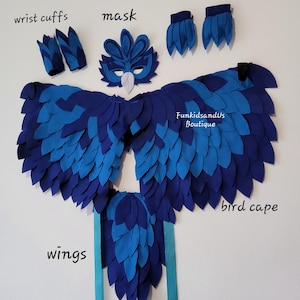 Blue Bird Costume Kids - Felt Bird Wings Mask Tail Set - Woodland Animal Dress Up - Flying Bird Costume for Kids - Blue Feathered Wings Set