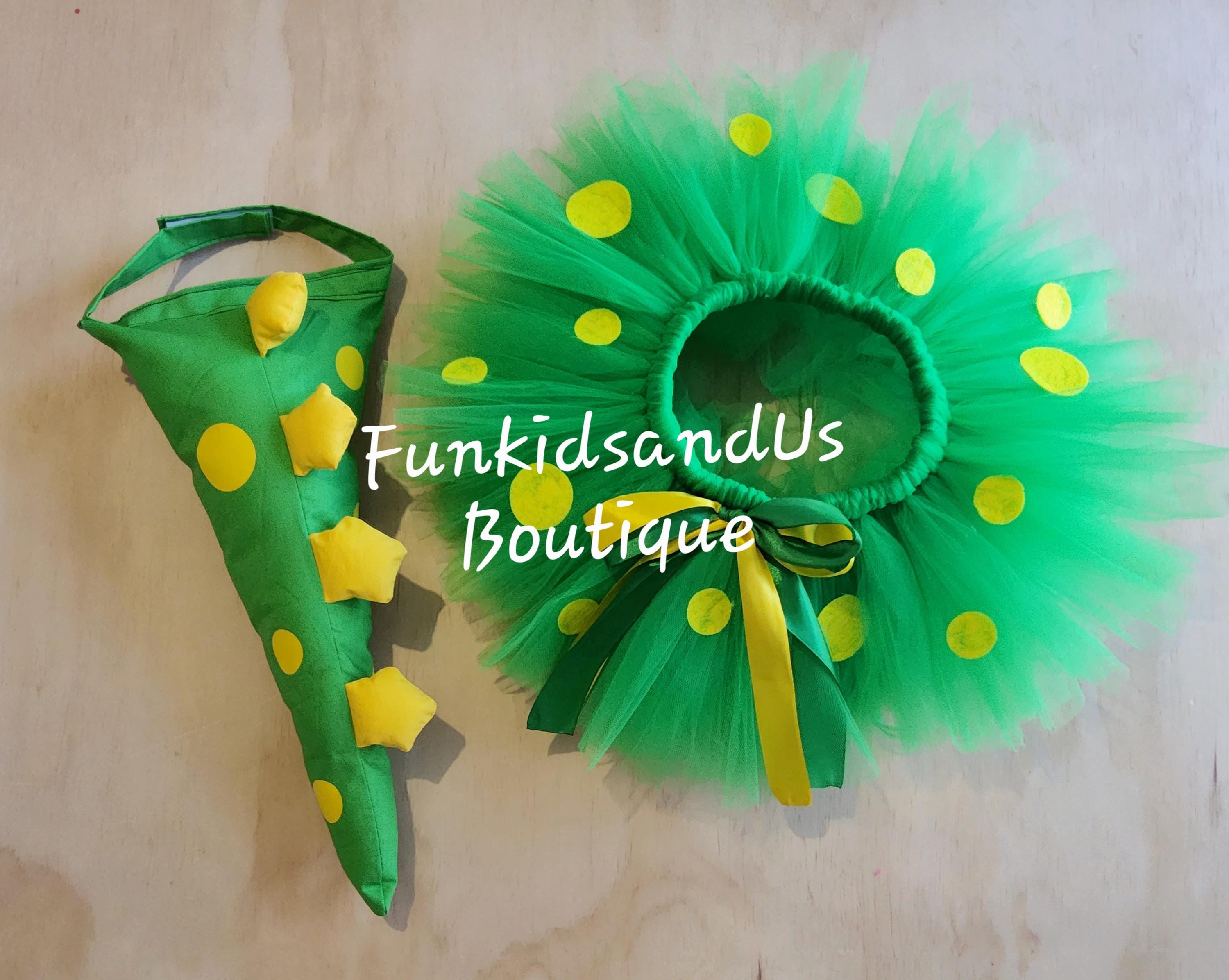 Saia tutu de dinossauro com cauda: traje de dinossauro verde e amarelo