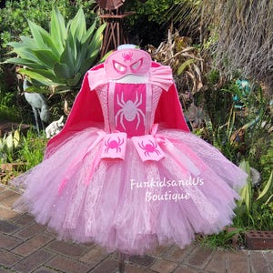 Sparkle Pink Spider Hero Tutu dress  Cape, wrist cuffs & Mask - Superhero Birthday Outfit - Spider-Girl Inspired Tutu Costume