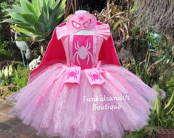 Pinkes Spider-Girl Tutu Kleid Kostüm: Umhang, Maske & Manschetten