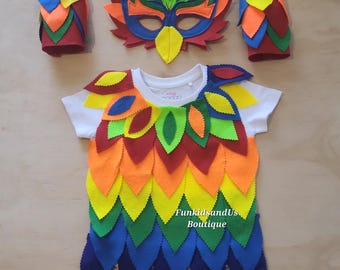 Kids' Colorful Bird Costume: Handmade Parrot Outfit with Mask & Cuffs - Colorful Parrot Bird Costume-  Parrot Feather Dress with Mask