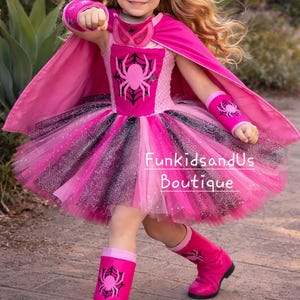 Roze spin superheldenkostuum voor meisjes - Sparkle Spidey Girl-kostuum - Gepersonaliseerde superheldjurkset afbeelding 8